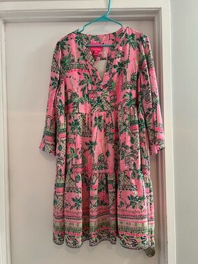 Lilly Pulitzer Pink & Green Palm Print Tiered Dress